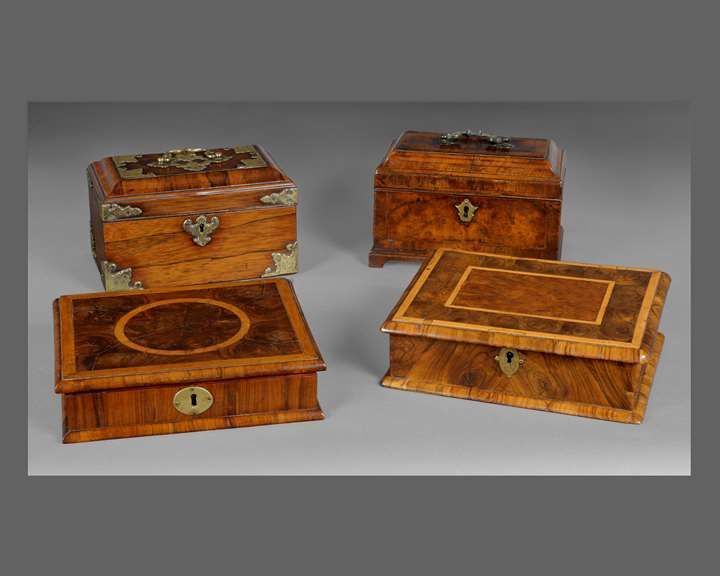 A SELECTION OF TWO WILLIAM AND MARY LACE BOXES AND TWO GEORGE I TEA CADDIES